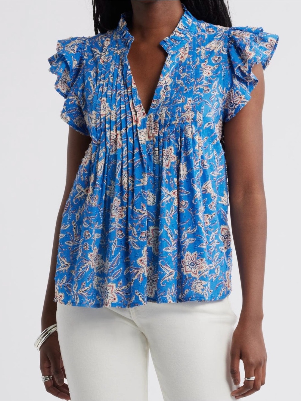 Caslon Blue Floral Pleated Ruffle Sleeve Blouse